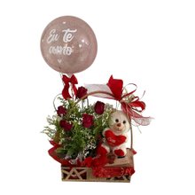 Cesta de Rosas com Urso e Balão