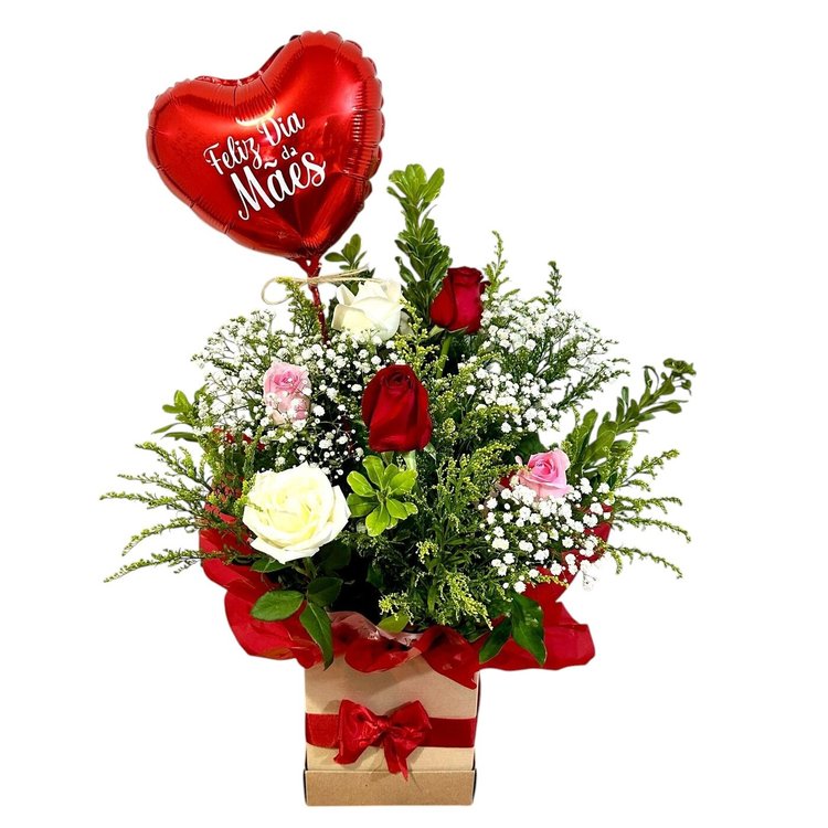 Arranjo com 6 Rosas Coloridas e Balão Dia das Mães