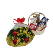 Cesta Presente com 3 Rosas Vermelhas Mini Pelúcia