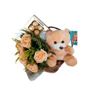 Buquê de 6 Rosas Champanhe, Pelúcia e Chocolate