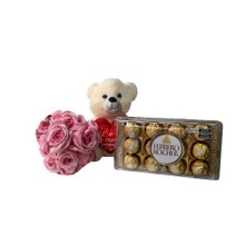 Buquê 12 Rosas com de Rosa com Pelúcia e Chocolate
