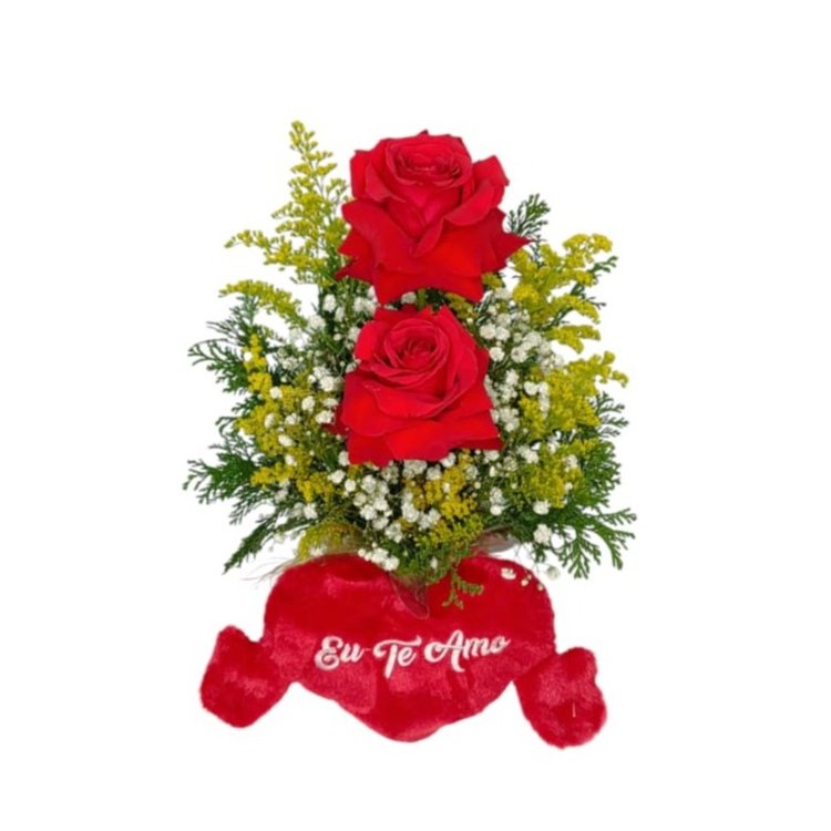 Arranjo de 2 Rosas Importada com Coração pelucia