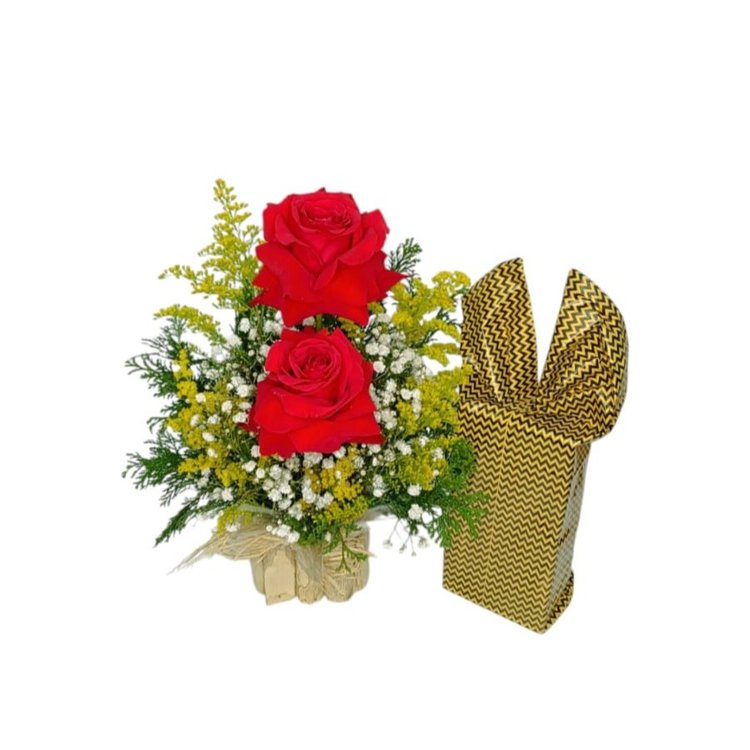 Arranjo 2 Rosas Importada com Caixa de Bombom