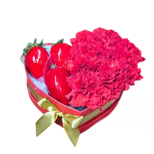 Caixa Coração com Morangos do Amor e Cravos Vermelhos