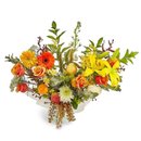 Arranjo Frutos do Sol com Flores e Frutas em Cachepô