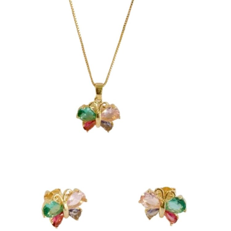 Conjunto de Colar e Brincos Borboleta - Banho Ouro 18k