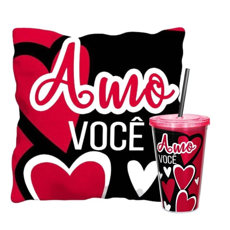 Kit Presente Namorados Almofada e Copo Canudo Amo você