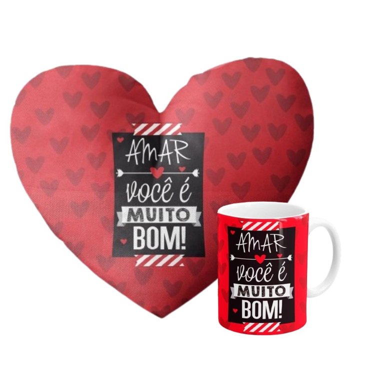Kit Almofada Coração e Caneca "Amar Você é Muito Bom"