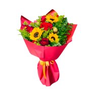 Buquê de Girassol, Rosas Vermelhas e Ferrero Rocher