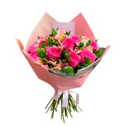 Buquê de 12 Rosas Pink com Astromélias