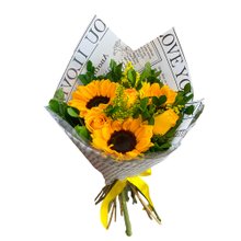 Buquê Baby de Rosas Amarelas com Girassóis