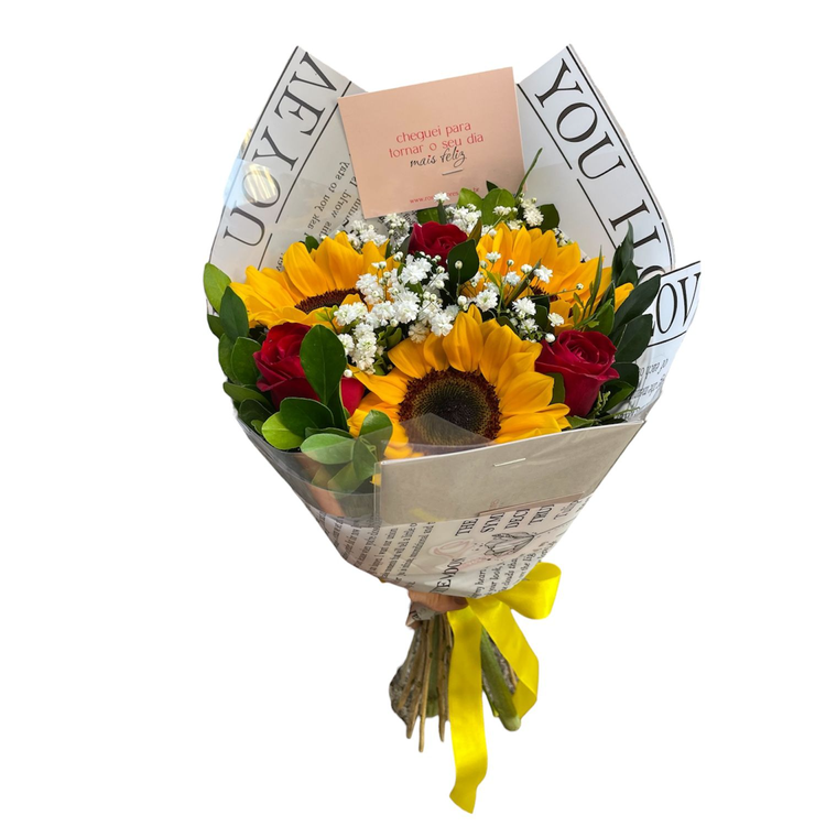 Buquê Baby de Rosas Vermelhas com Girassóis