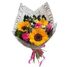 Buquê Baby de Rosas Pink com Girassóis 