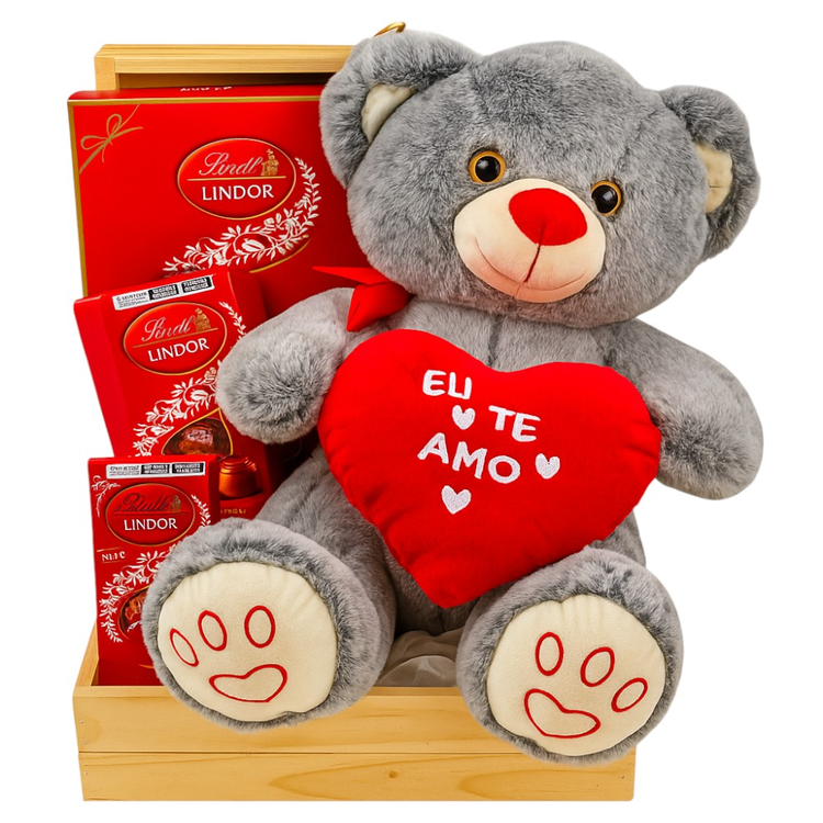 Cesta Premium com Urso de Pelúcia e Chocolates Lindt