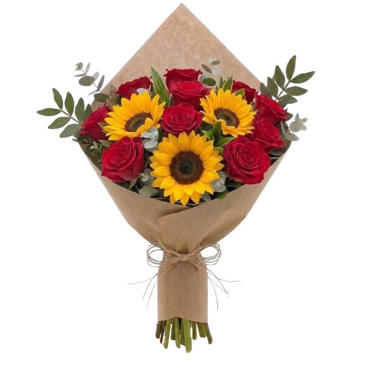 Buquê 10 rosas vermelhas importadas e 3 girassóis