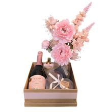 Cesta Espumante Rosé e Flores Elegantes Rosas