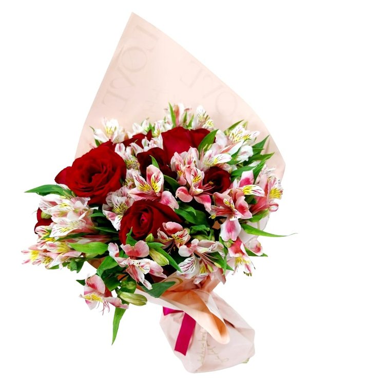 Buquê de 12 Rosas Vermelhas e Astromélias Rosas