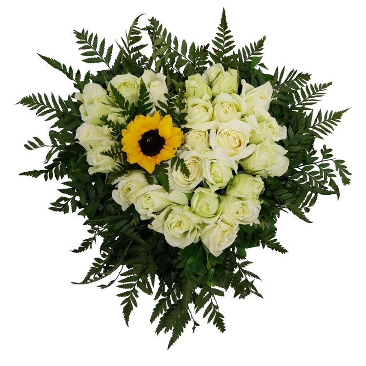 Arranjo de Coração: Rosas e Girassol