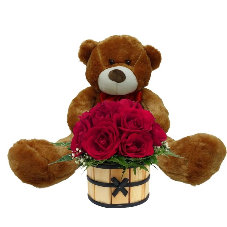 Urso Teddy com Cachepot de Rosas Vermelhas