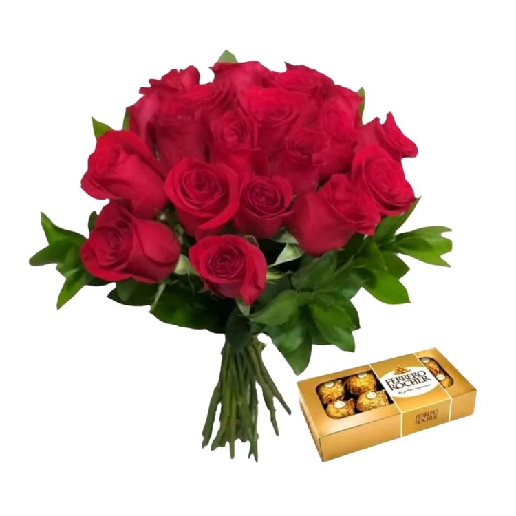 Buquê Luxo de Rosas Vermelhas e Ferrero Rocher