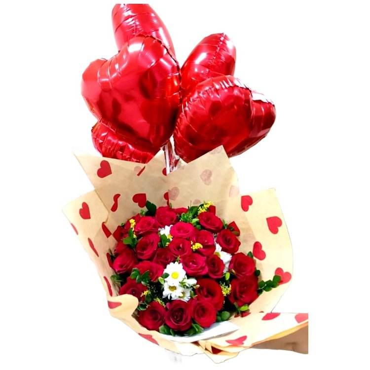 Buquê Encanto de Rosas, Margaridas e Balões