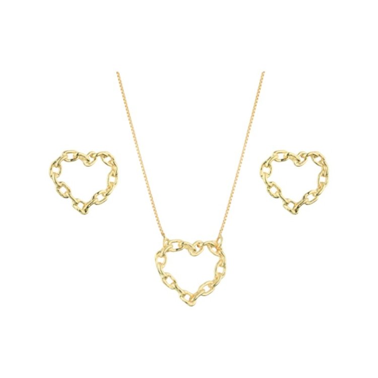 Conjunto Colar e Brinco  Coração Corrente Semijoia