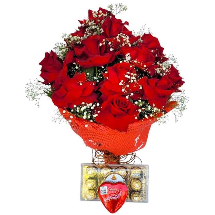 Buquê de Rosas Vermelhas Colombianas e Chocolates