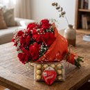Buquê de Rosas Vermelhas Colombianas e Chocolates
