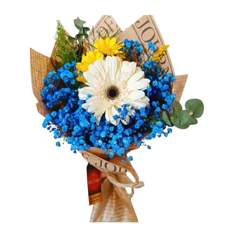 Buquê de Gerbera e Flores Azuis Buquê Primavera Azul