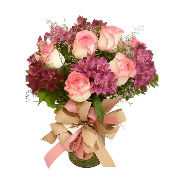 Vaso Essência Floral com Rosas e Astromélias