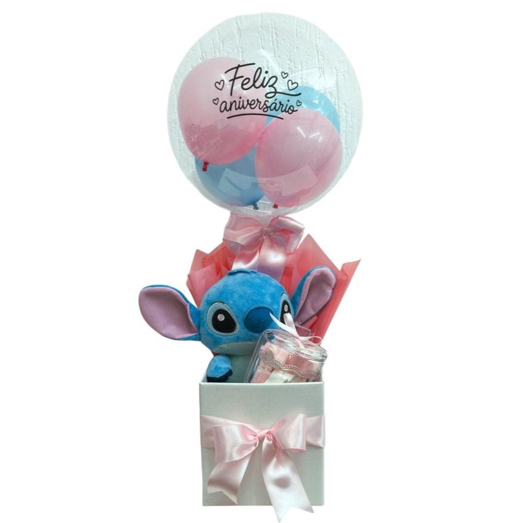 Caixa de Aniversário com Pelúcia Stitch e Marshmallow