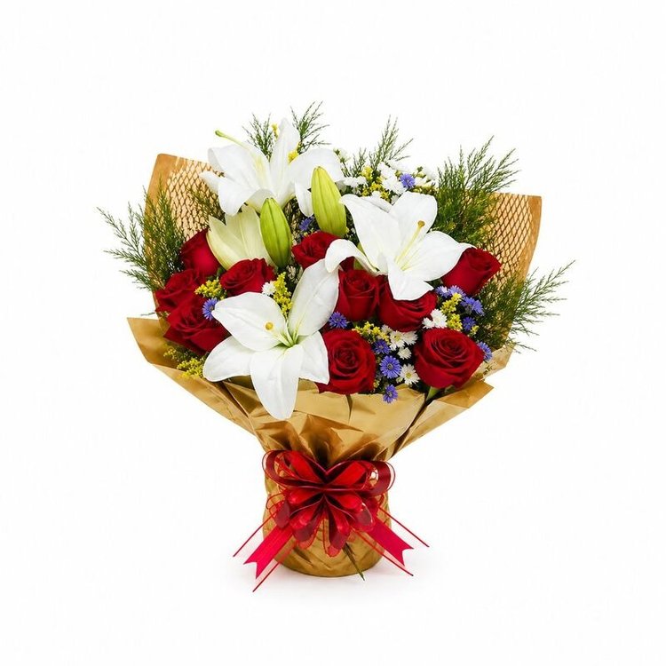 Buquê Valentim com Lírios Brancos e Rosas Vermelhas
