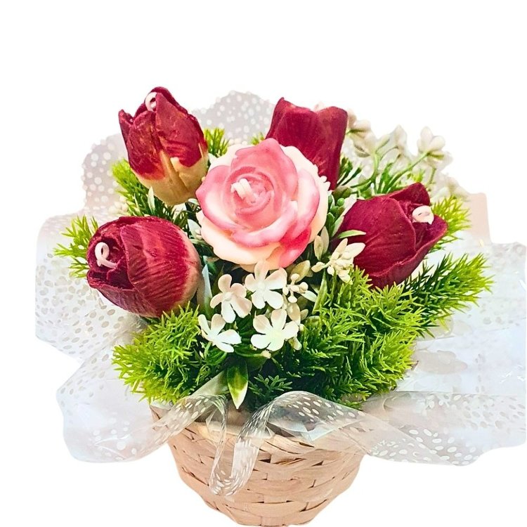 Cesta Arranjo de Velas Aromáticas Rosa e Tulipas