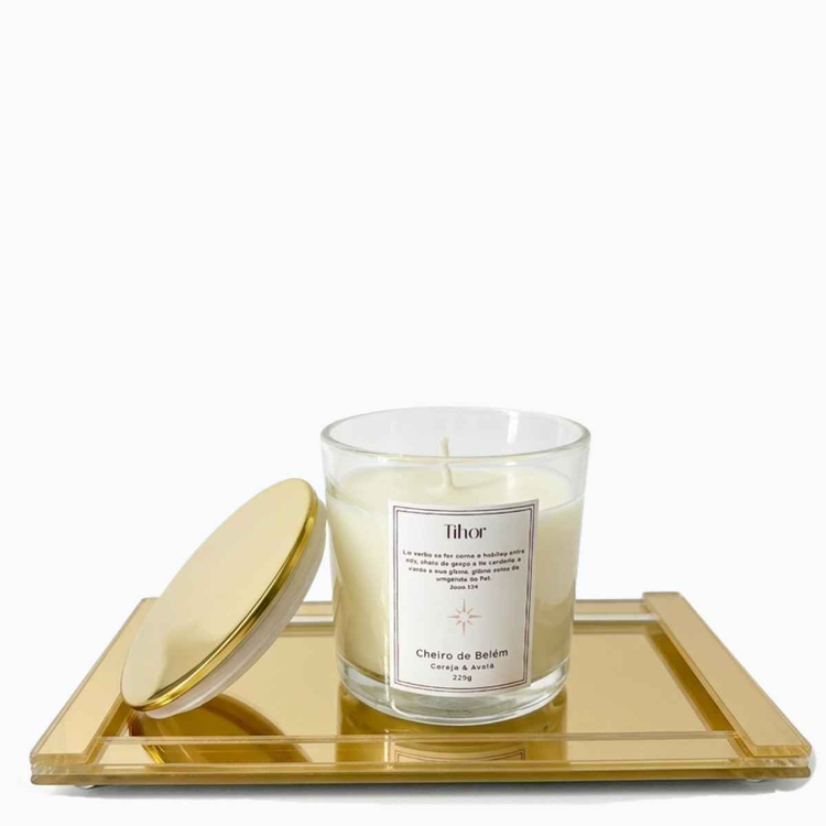 Kit Vela Aromática Cheiro de Belém e Bandeja Espelhada