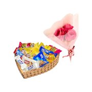 Cesta Coração Bombons Lacta e Buquê 3 Rosas Cor Rosa