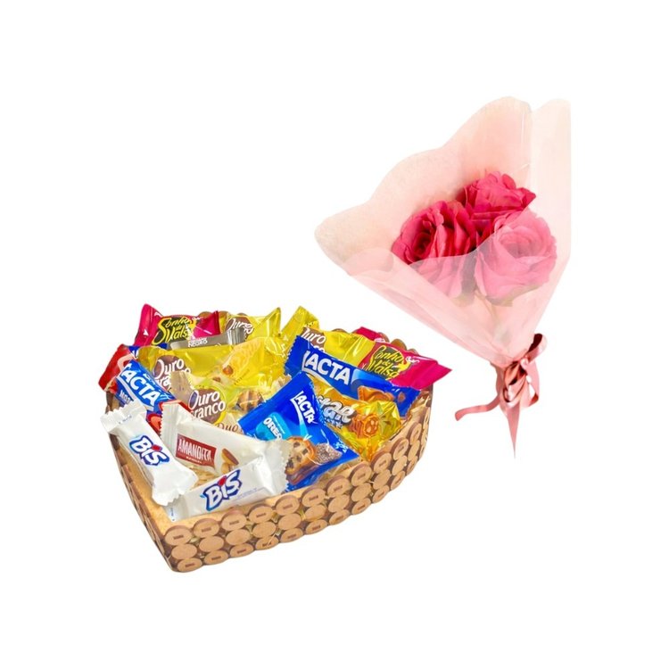 Cesta Coração Bombons Lacta e Buquê 3 Rosas Cor Rosa
