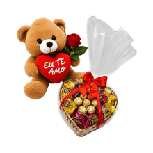 Urso Pelúcia 30 cm Bandeja Bombons Rosa Vermelha Artif