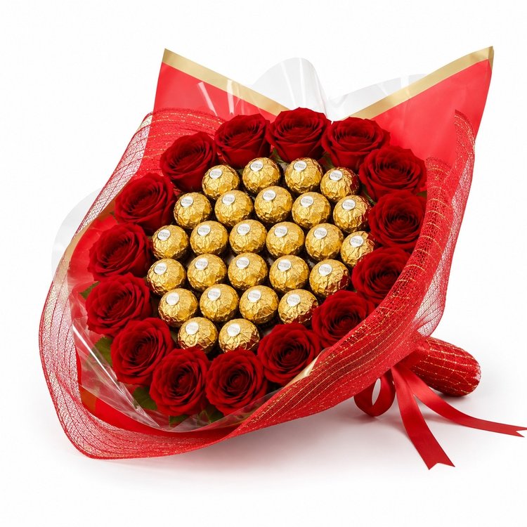 Buquê Coração 28 Ferreros Rocher 15 Rosas Vermelhas