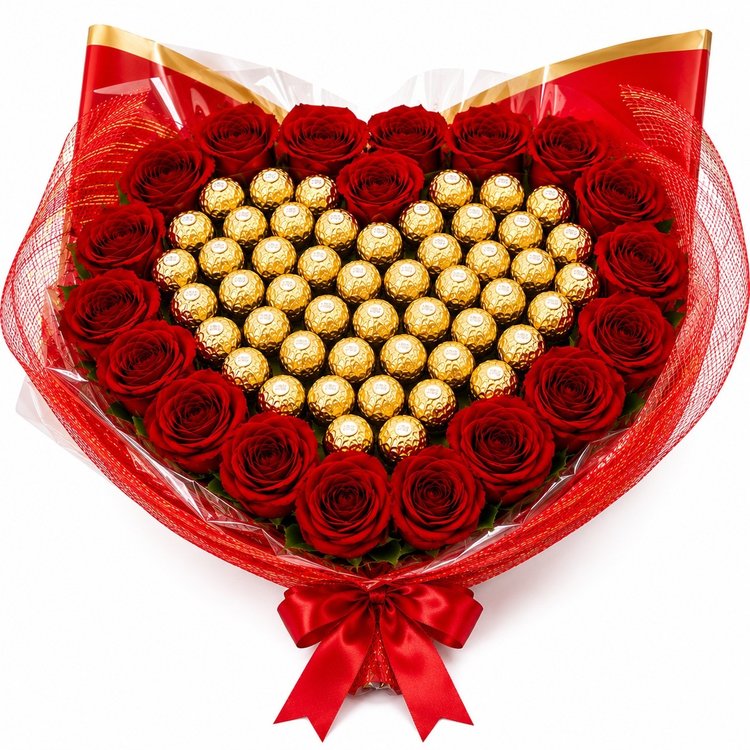 Buquê Coração 43 Ferreros Rocher 20 Rosas Vermelhas