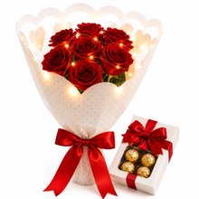 Buquê 7 Rosas Vermelhas Artificiais+ Pisca Led+Ferrero