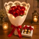 Buquê 7 Rosas Vermelhas Artificiais+ Pisca Led+Ferrero