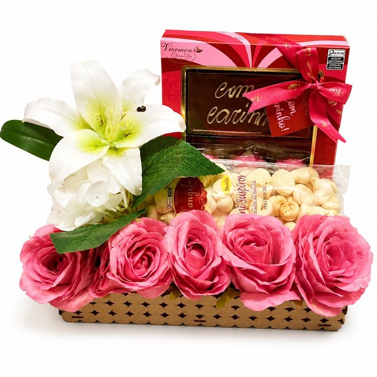 Cesta Pequena Presente Rosas Artificiais Chocolate