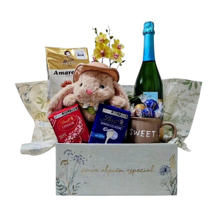 Cesta Especial de Chocolate Lindt e Vinho com Orquídea