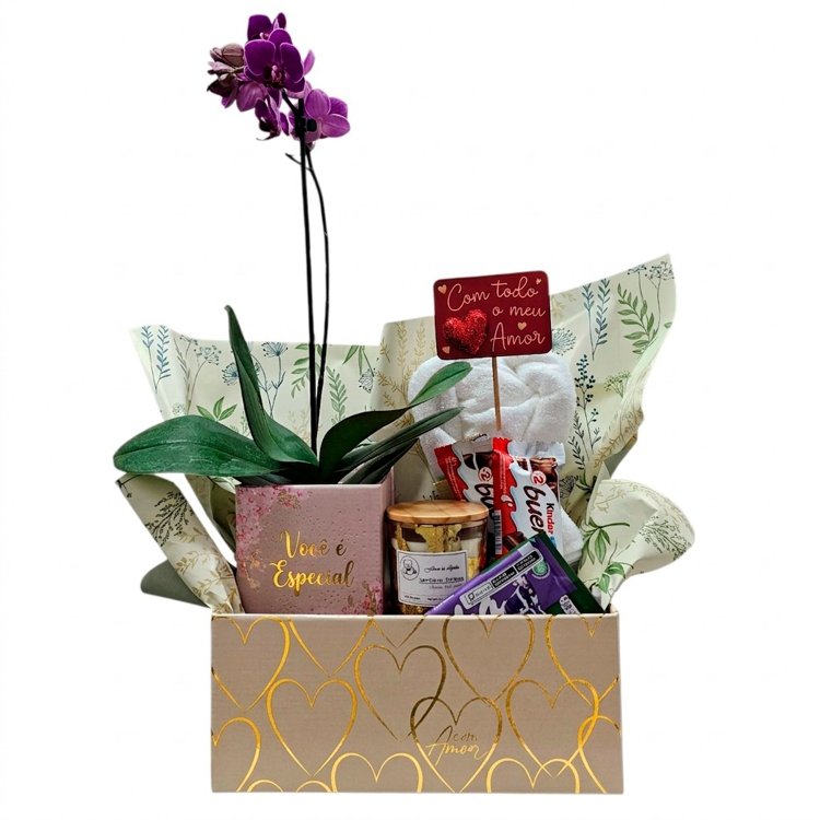 Cesta Especial Para o Amor Com Chocolate E Orquídea