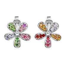 Brinco Flor Cravejado Colorido Banhado A Ródio Branco