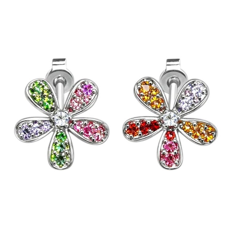 Brinco Flor Cravejado Colorido Banhado A Ródio Branco