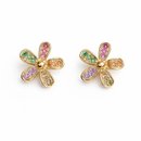 Brinco Flor Cravejado Colorido Banhado A Ouro 18k