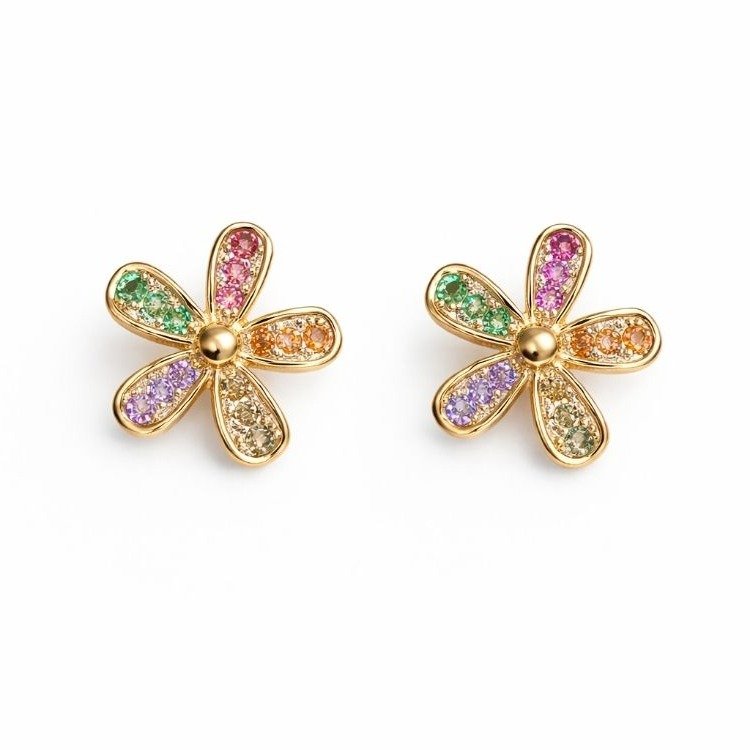 Brinco Flor Cravejado Colorido Banhado A Ouro 18k