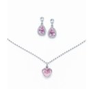 Conjunto Colar e Brinco Gota Rosa em Ródio Branco