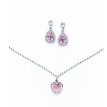 Conjunto Colar e Brinco Gota Rosa em Ródio Branco